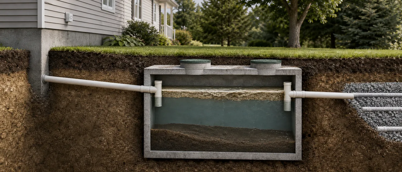 Educational illustration explaining what does a septic tank that has not been pumped recently mean on a home inspection.