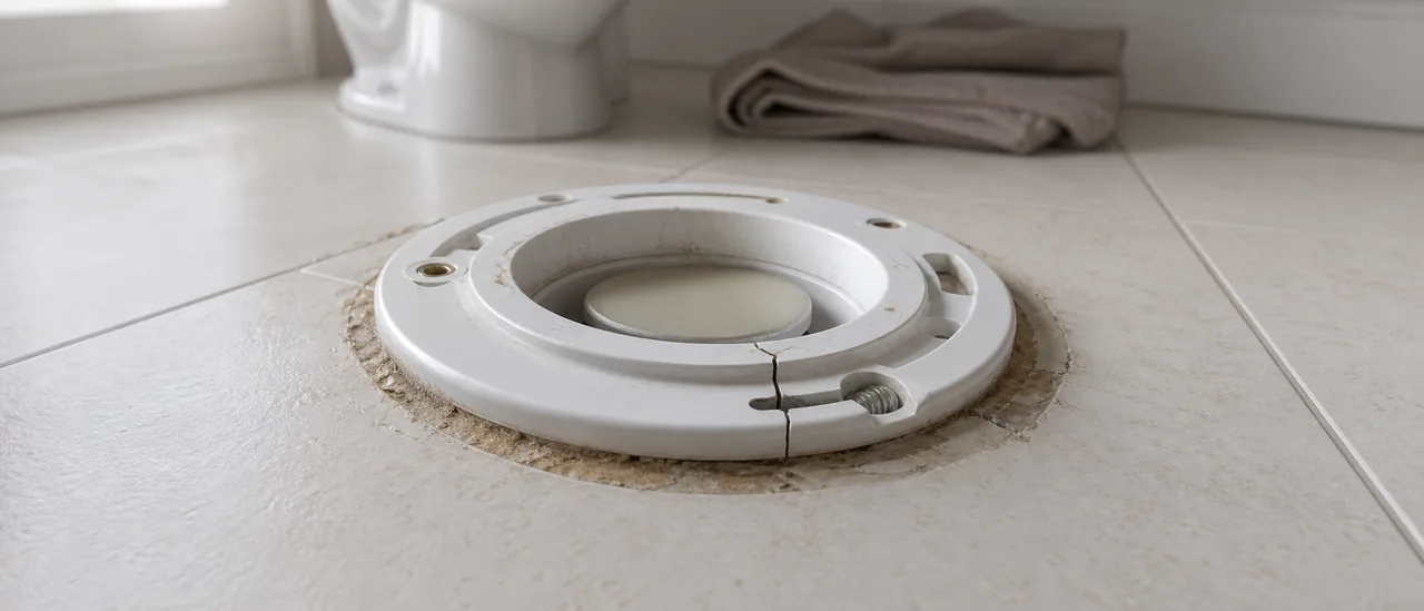 Educational illustration explaining what do cracked toilet flanges mean on a home inspection.