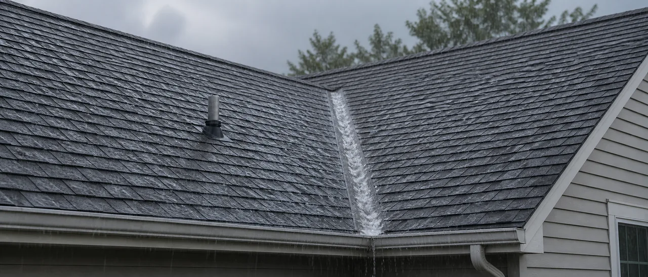 Educational illustration explaining why does a roof leak only during heavy rain.