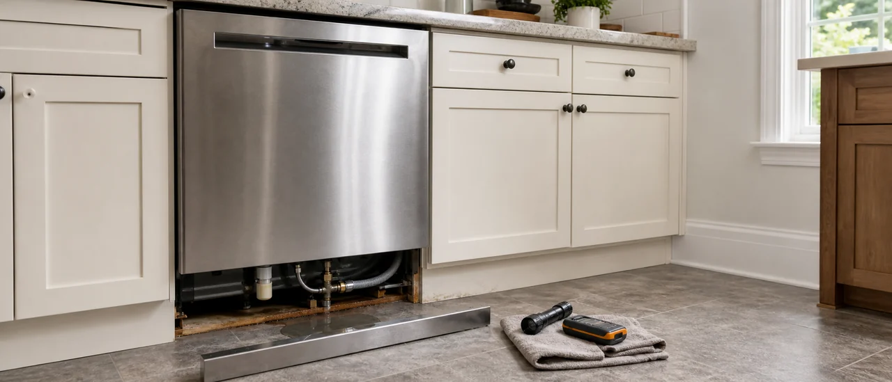Educational illustration explaining what does a dishwasher leak mean on a home inspection.