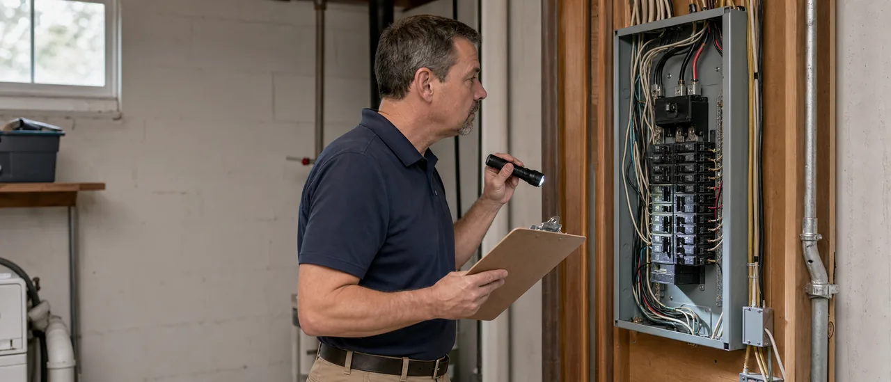 Home inspector examining an electrical panel while documenting findings in a residential utility room