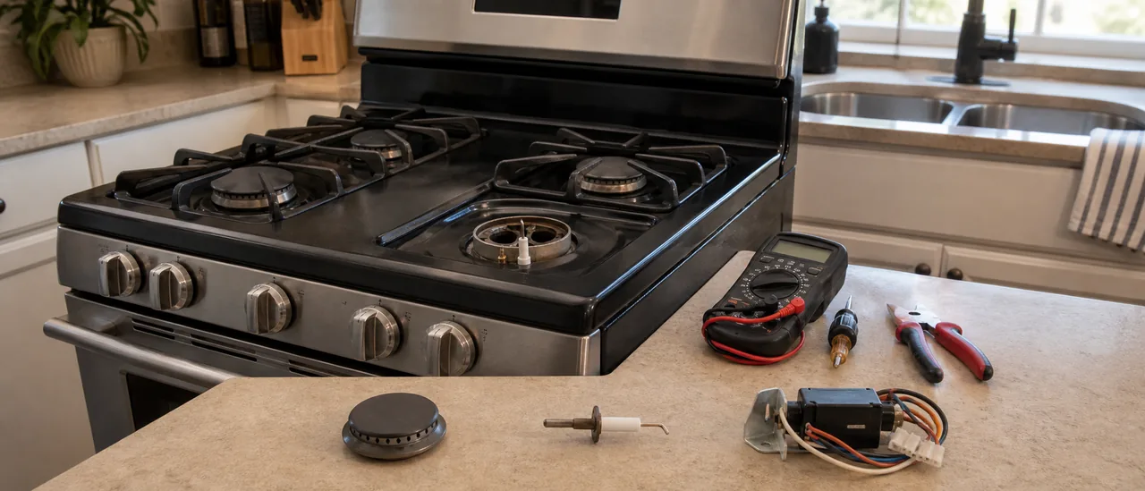 Educational illustration explaining how much does it cost to fix gas stove ignition problems.