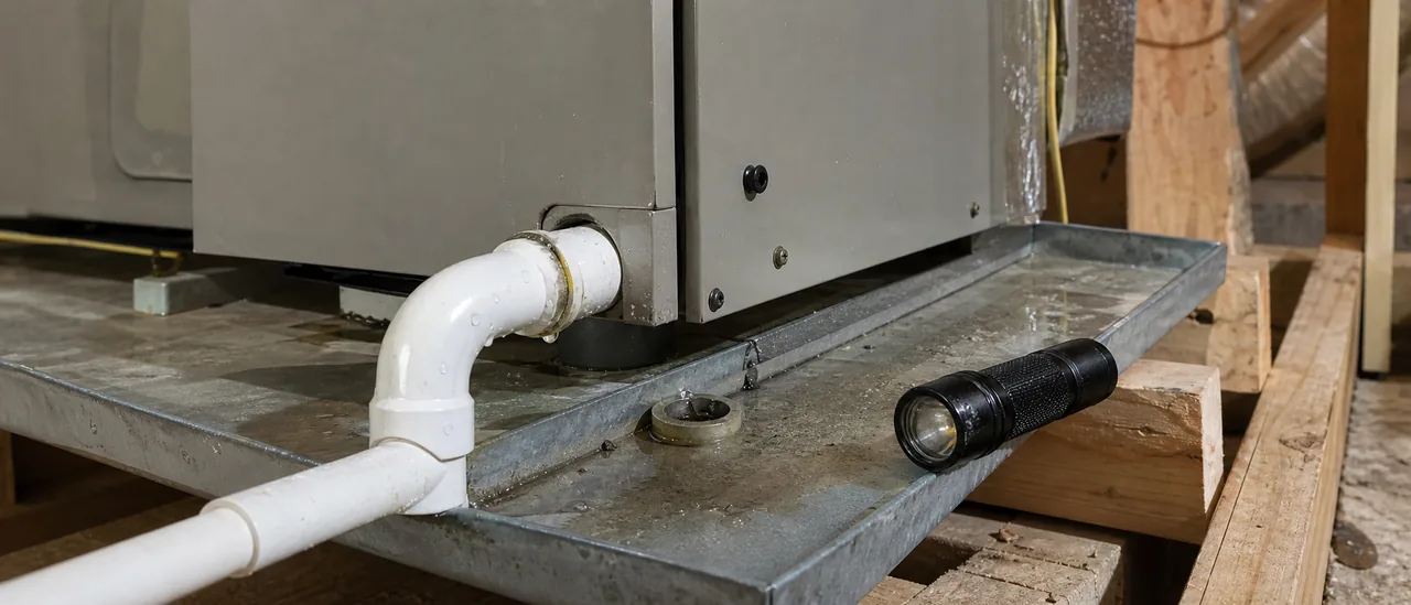 Educational illustration explaining what do condensate drain problems mean on a home inspection.