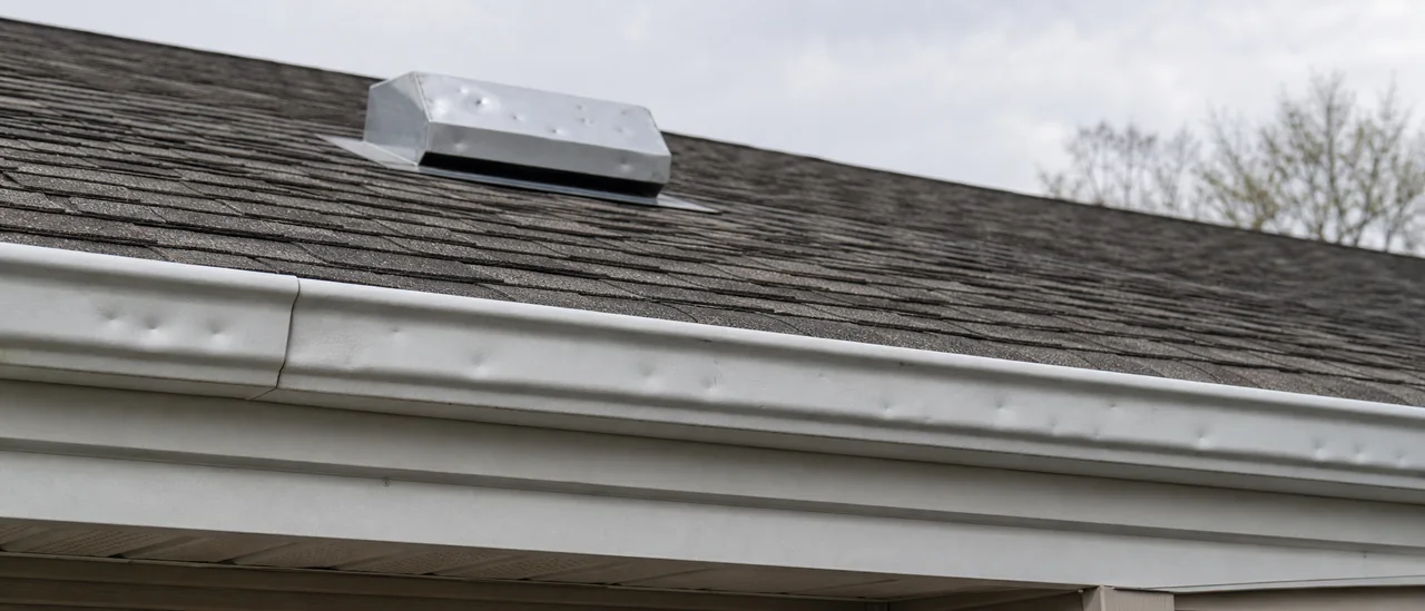 Educational illustration explaining what do dented gutters or roof vents after hail mean.