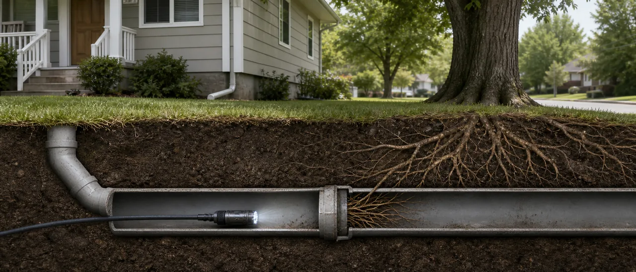 Educational illustration explaining should you buy a house with tree roots in the sewer line.