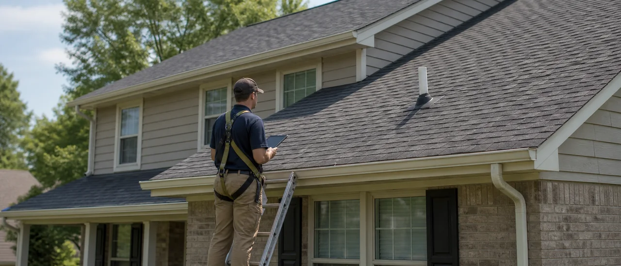 Roof inspector documenting visible roof components on a residential home
