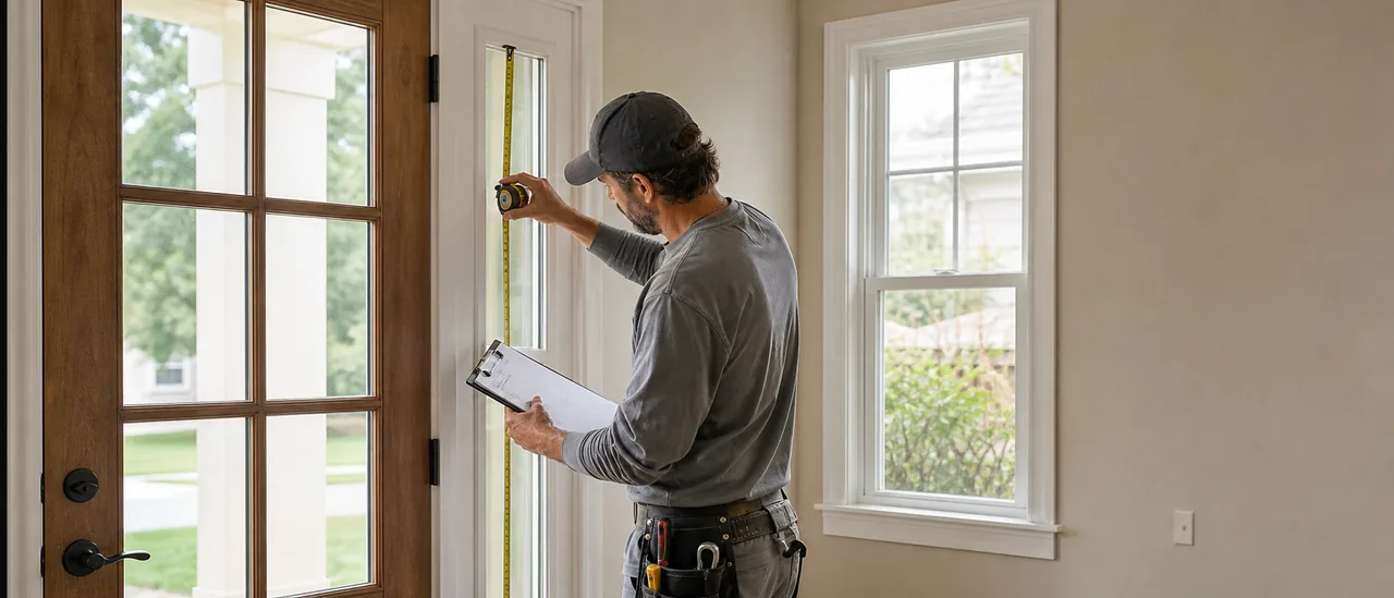 Glazier measuring a residential window opening for replacement safety glass
