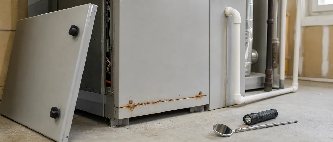 Educational illustration explaining what does rust in the furnace cabinet mean on a home inspection.