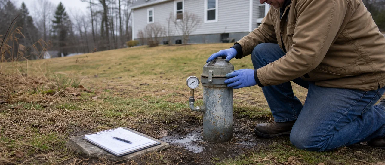 Inspector examining the cap and casing of a residential water well