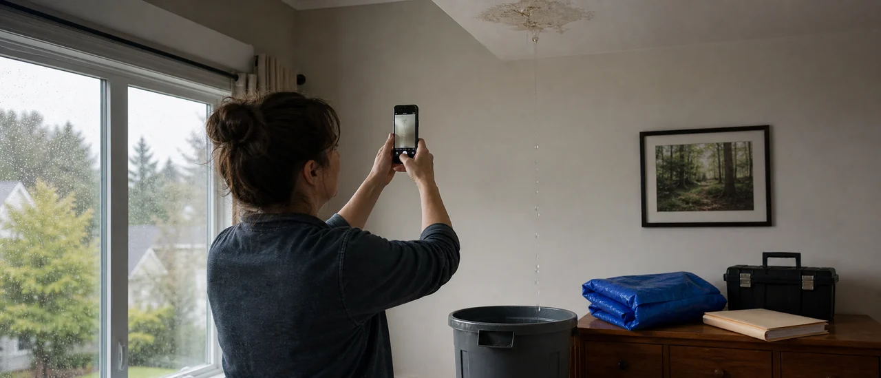 A homeowner photographs a small roof leak before a temporary tarp is installed
