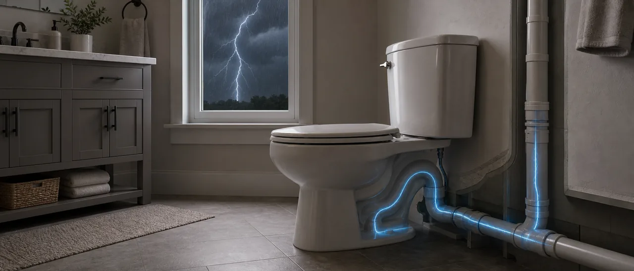 Educational illustration explaining can you flush a toilet during a thunderstorm.