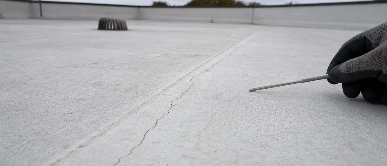 Educational illustration explaining what causes cracks in a flat-roof coating.