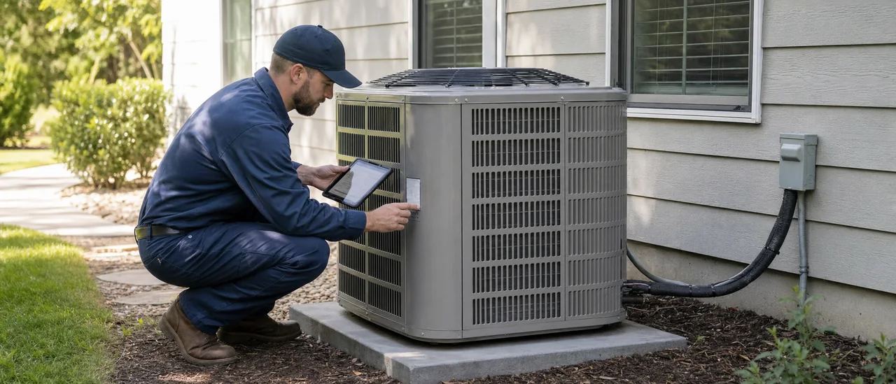 HVAC technician comparing an outdoor air conditioner data plate with a load calculation