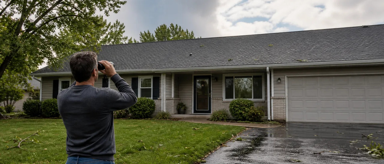 Homeowner checking a residential roof from the ground after high winds