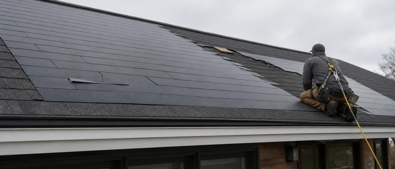 Educational illustration explaining when should a solar shingle roof be repaired instead of replaced.