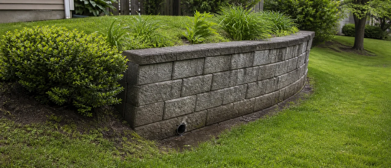 Residential retaining wall leaning outward beside a sloped yard