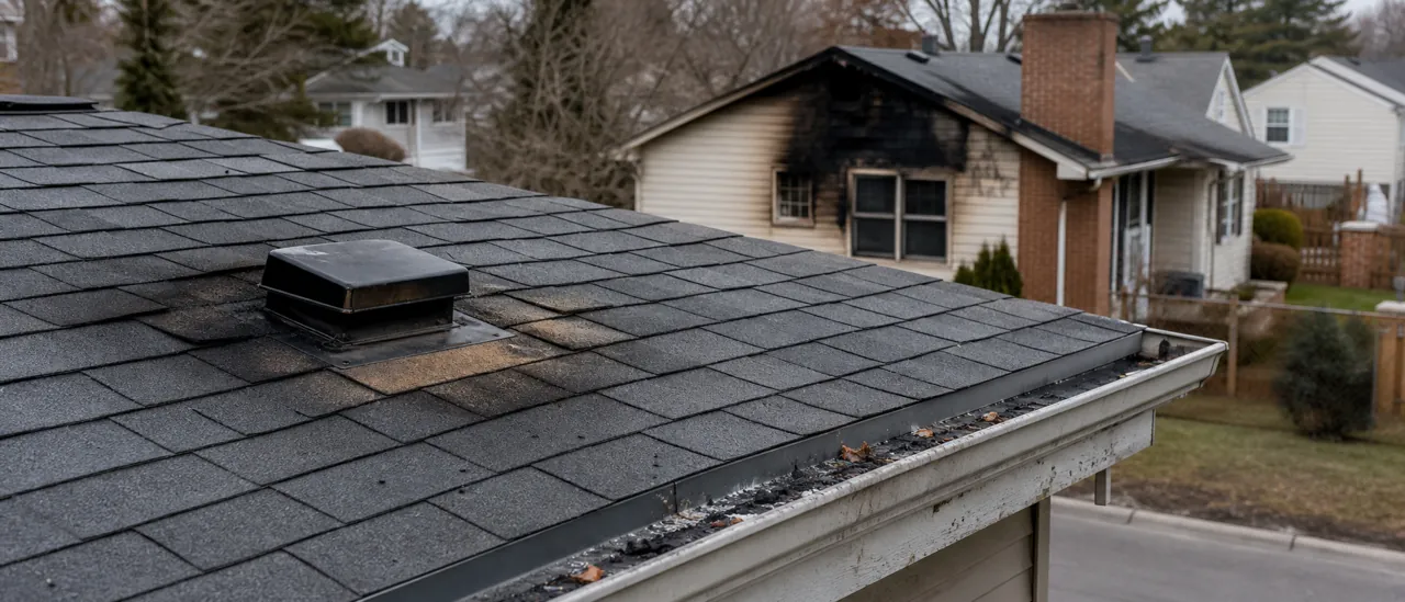 Educational illustration explaining what roof damage can a nearby house fire cause.