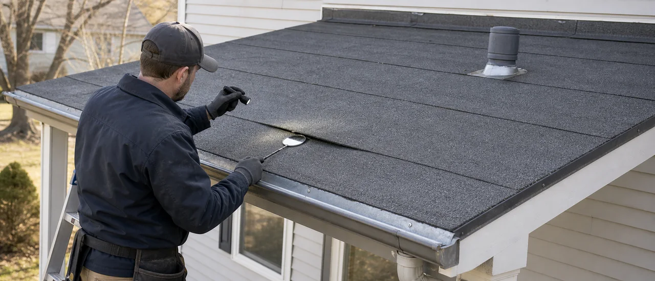 Educational illustration explaining how is roll roofing inspected.