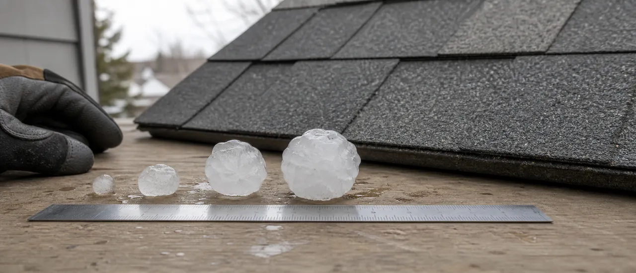 Educational illustration explaining what size hail can damage a roof.
