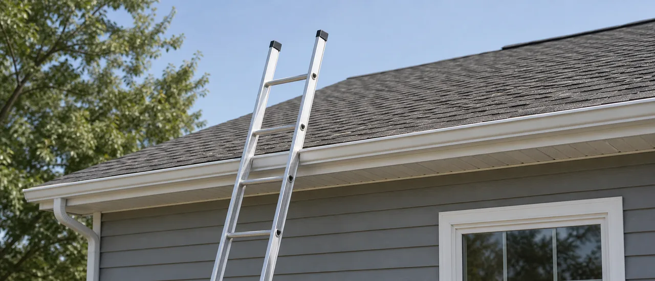 Educational illustration explaining how far should a ladder extend above the roof edge.