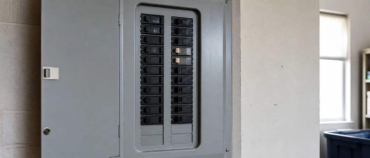 Educational view of varied circuit breakers in a residential electrical panel