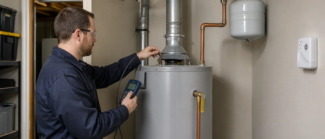 HVAC technician testing draft at the hood of a natural-draft gas water heater