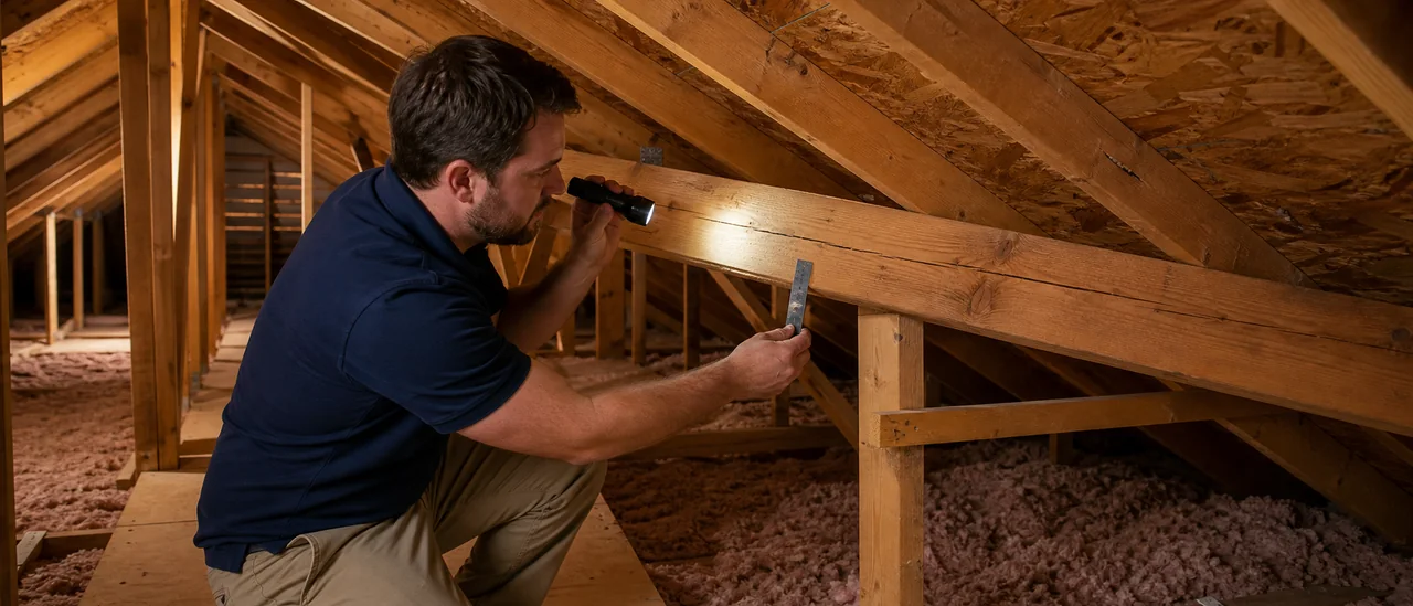 Building professional examining a longitudinal crack in an accessible attic rafter