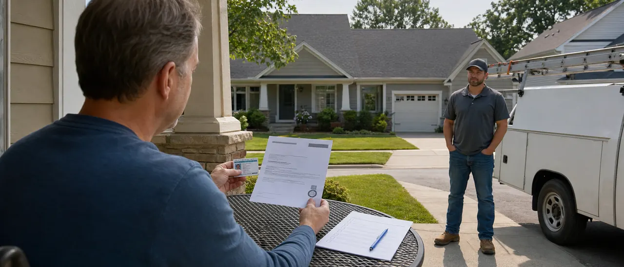 Homeowner comparing a roofer's identification and documents with an independent online record