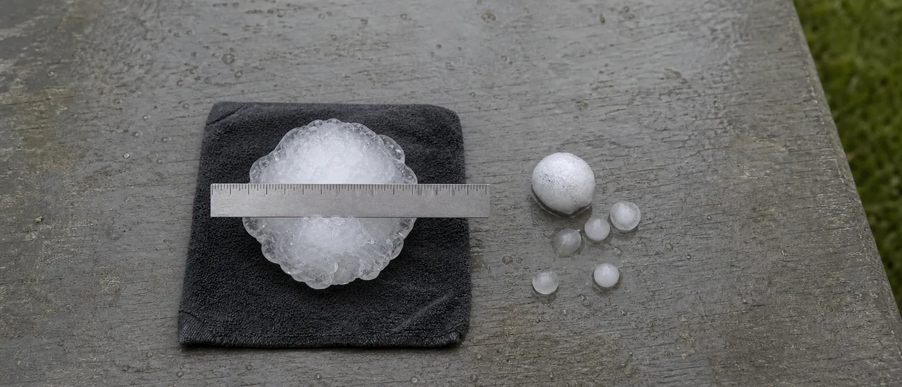 Melon-size hailstone measured beside a ruler, with smaller reference hailstones nearby