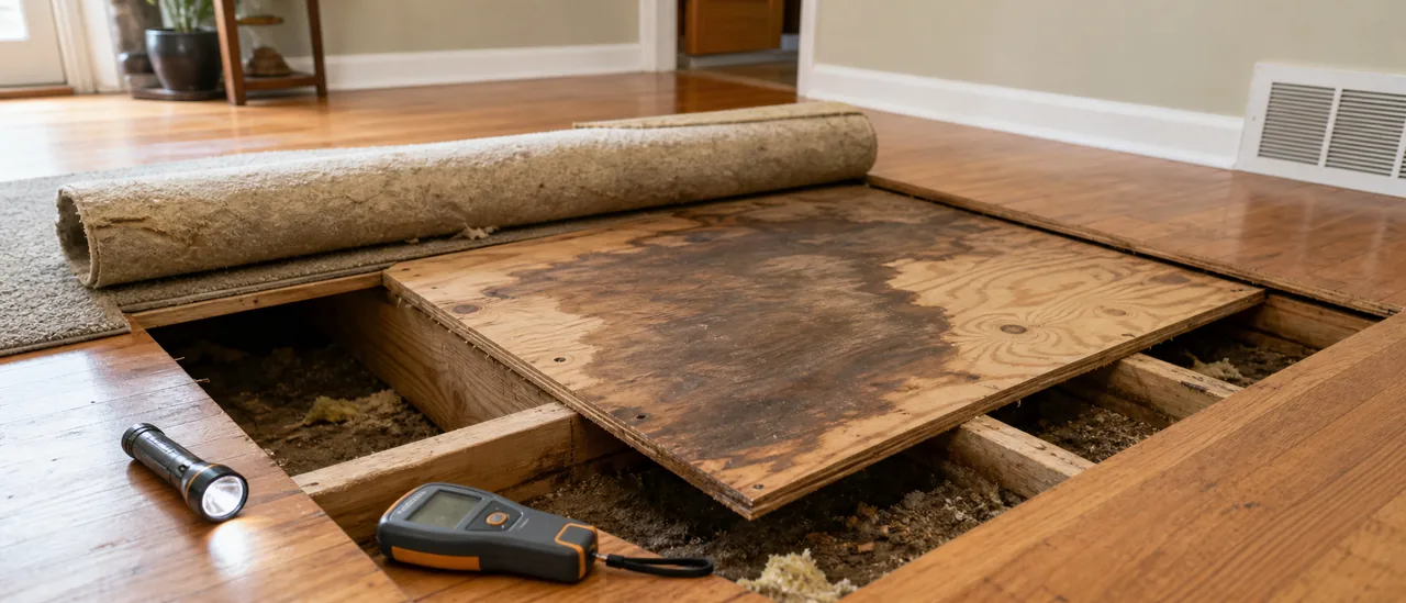 Educational cutaway showing a home inspector examining localized water damage in a wood subfloor