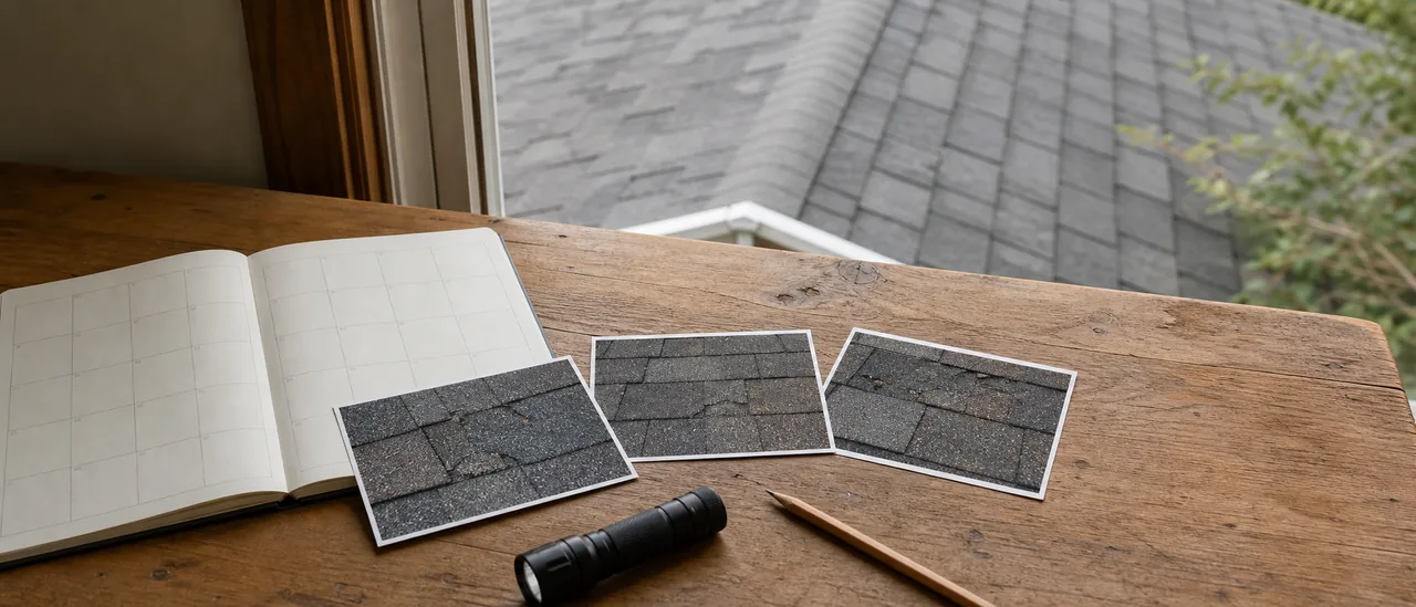Educational view of a homeowner comparing roof photos, inspection notes, and a calendar