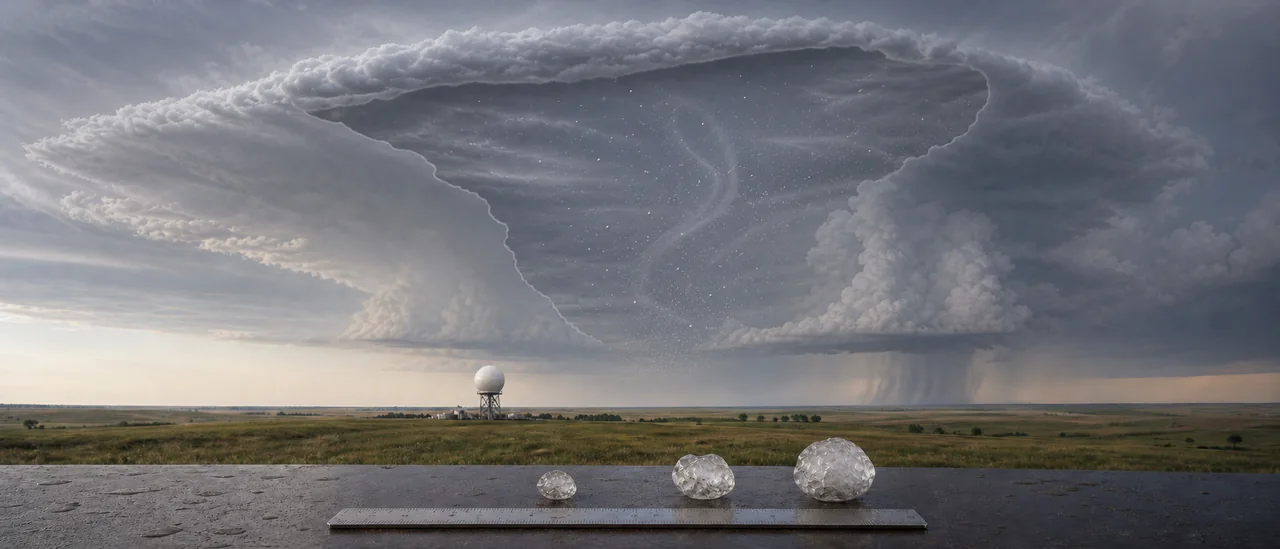 Educational illustration explaining how do meteorologists predict hail size.