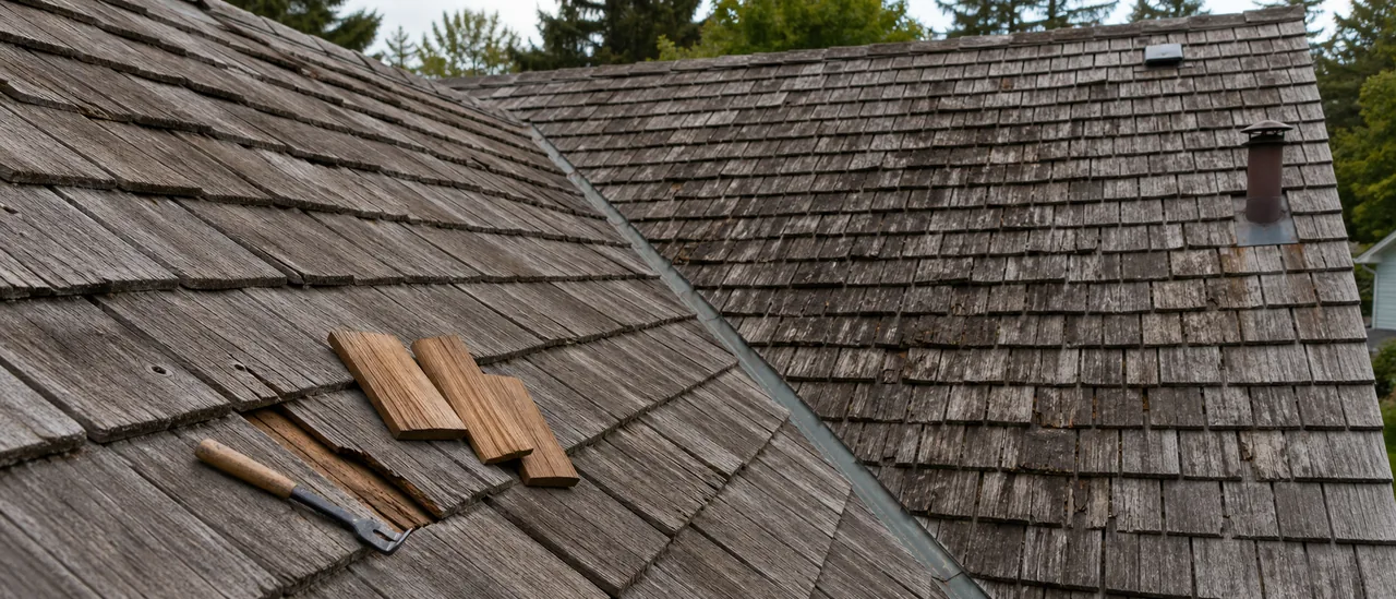 Educational illustration explaining when should a cedar shake roof be repaired instead of replaced.