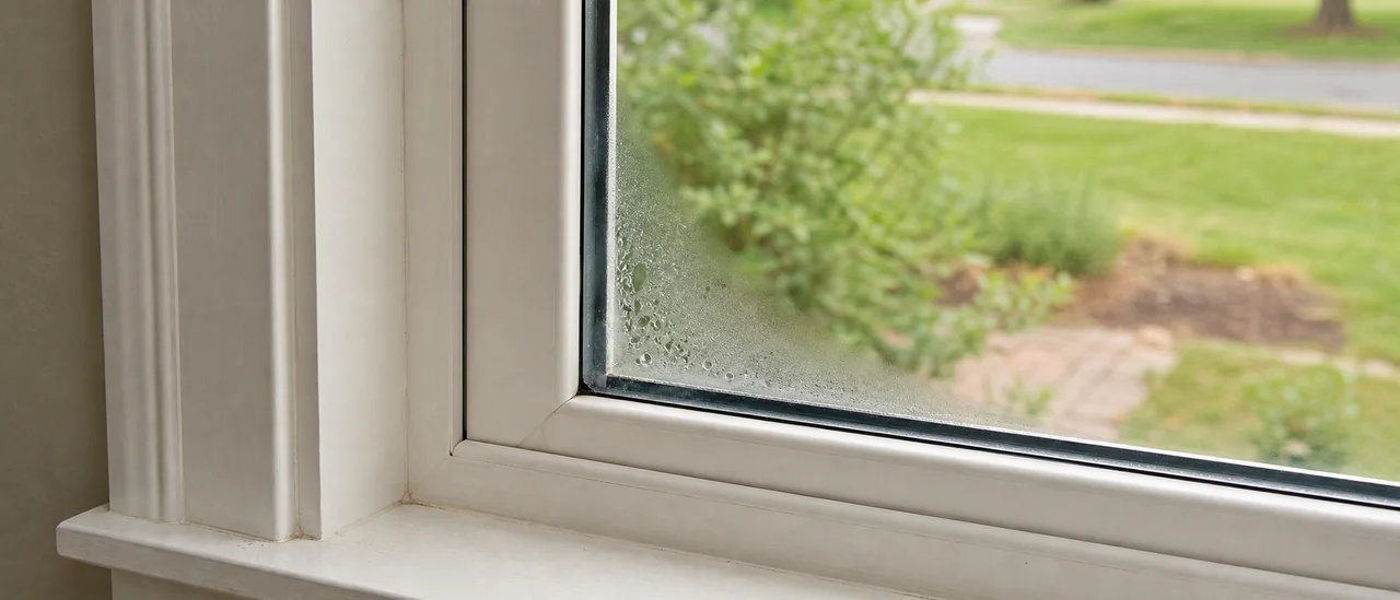 Educational illustration explaining what do fogged windows or failed window seals mean on a home inspection.