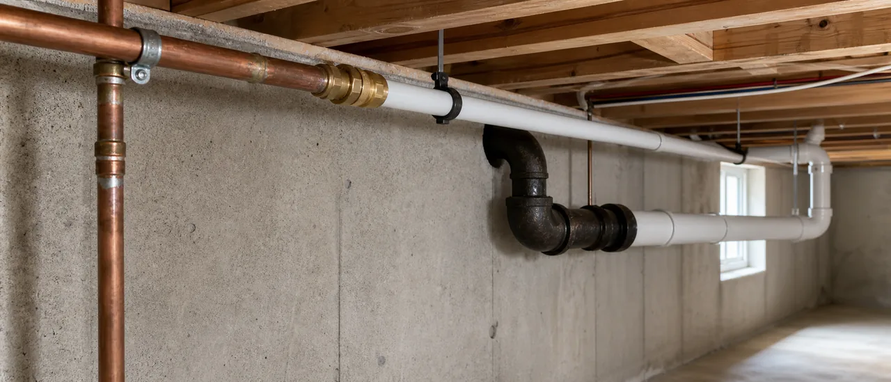 Educational illustration explaining what do mixed plumbing pipe materials mean on a home inspection.