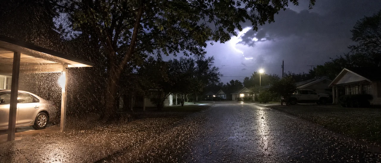 Hail falling across a residential street during a nighttime thunderstorm