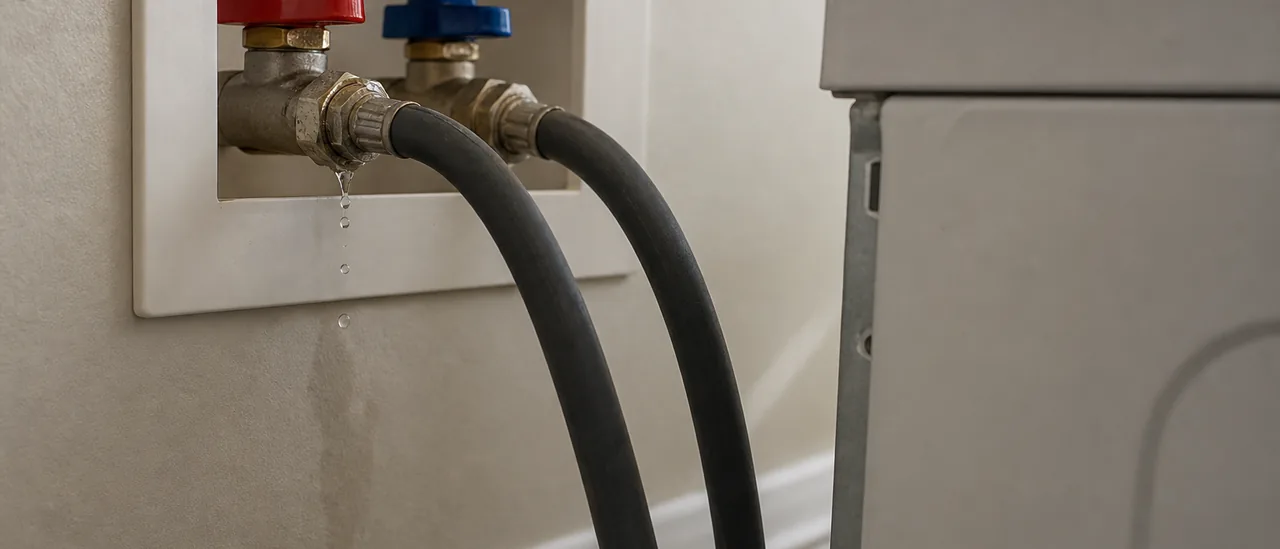 Educational view of water droplets at a washing machine supply-hose connection