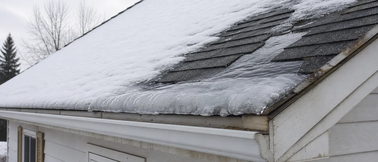 Educational illustration explaining what roof damage can an ice dam cause.