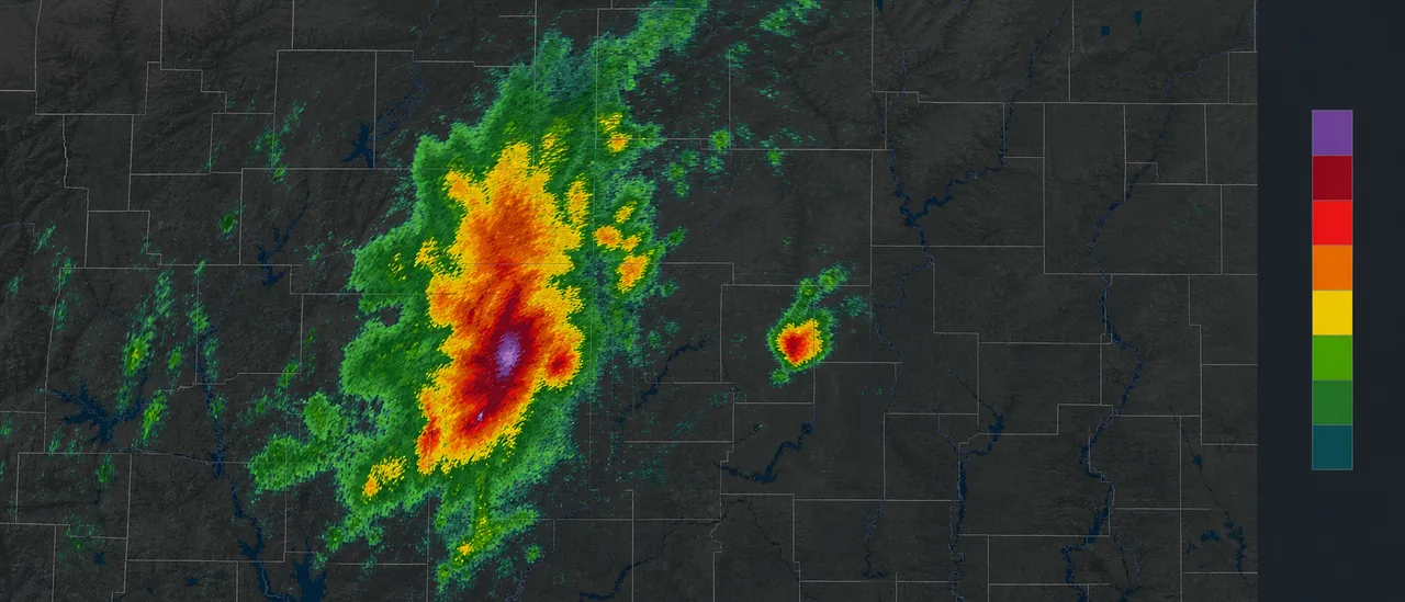 Educational radar illustration showing an intense storm core beside a reflectivity color scale