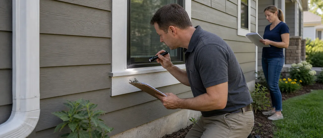 Home inspector checking an exterior window while a homeowner reviews a checklist