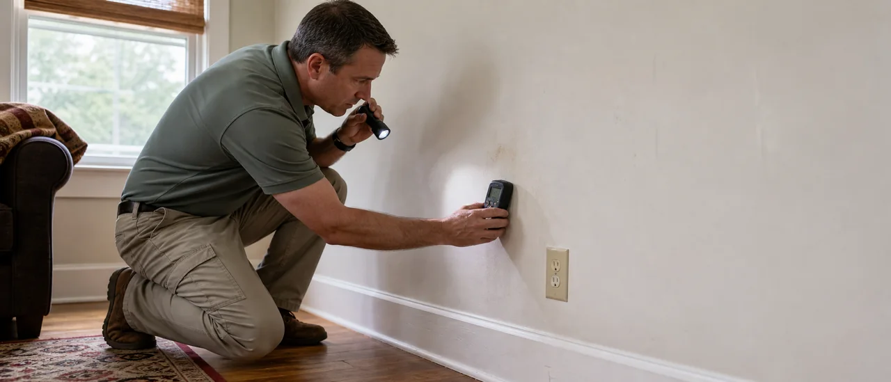 Home inspector examining a finished interior wall for visible signs of concealed problems