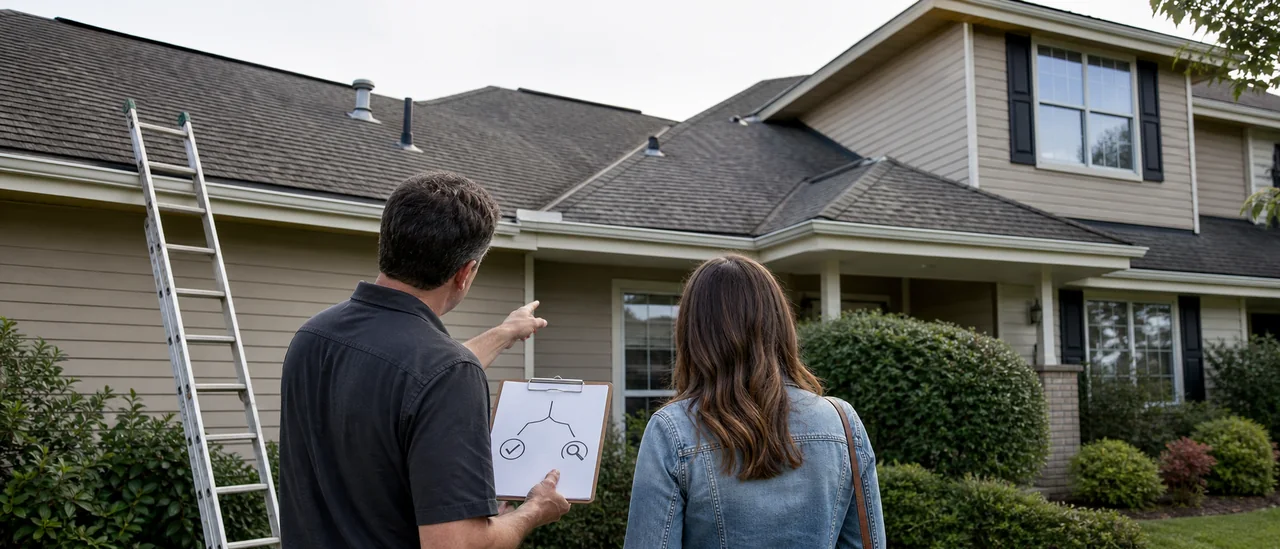 Educational illustration explaining should i get a roof specialist during the home inspection period.