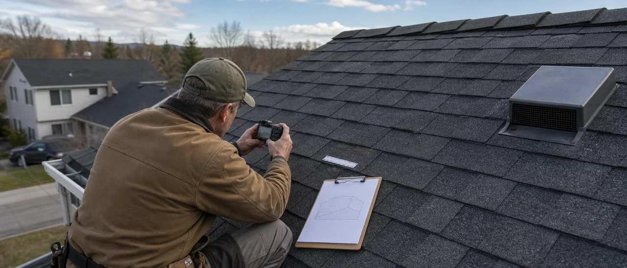 Educational illustration explaining what photos should be in a storm-damage roof report.