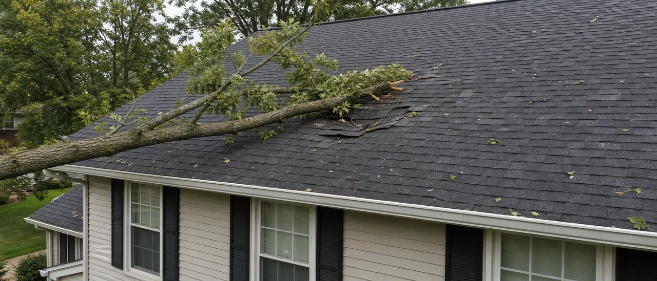 Educational illustration explaining what roof damage can a large branch impact cause.
