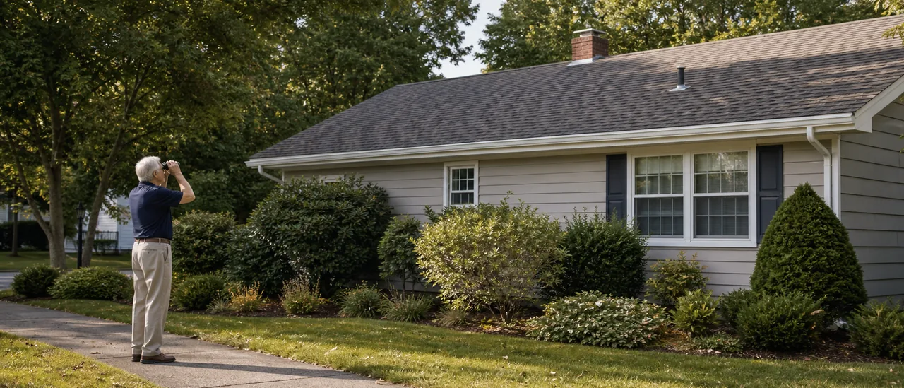Older homeowner examining a roof safely from the ground with binoculars