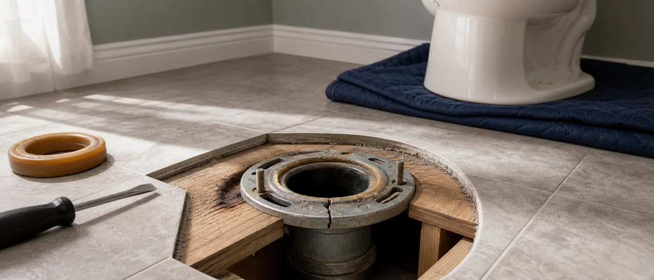 Educational cutaway illustration of a toilet base, cracked flange, floor, and drain connection