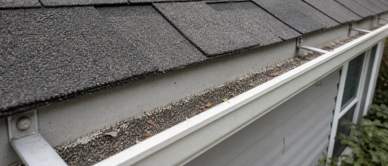 Educational illustration explaining what do shingle granules in gutters mean.