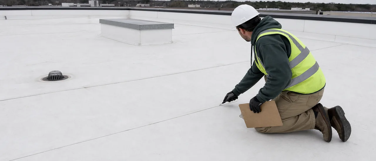 Educational illustration explaining how is a pvc roof inspected.