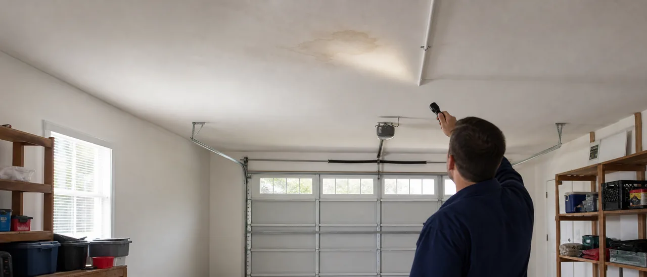 Educational illustration explaining what do water stains in the garage mean on a home inspection.