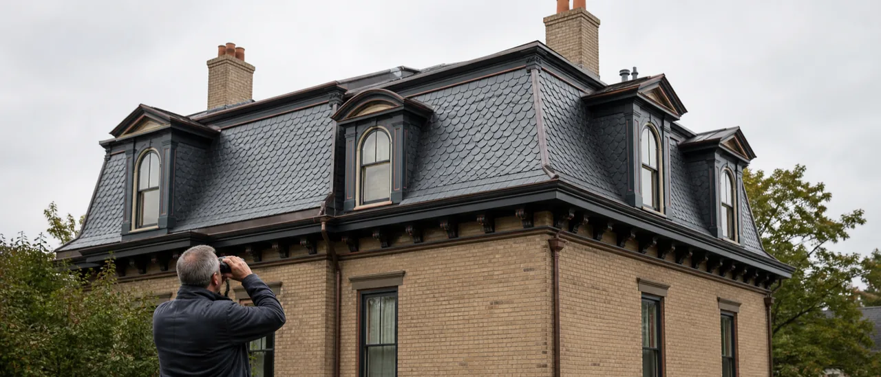 Educational illustration explaining how is a mansard roof inspected.